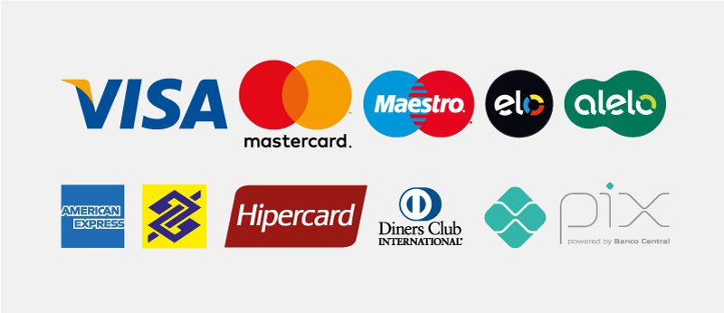 Visa, Mastercard, Maestro, Elo, Alelo, American Express, Hipercard, Diners Club e Pix